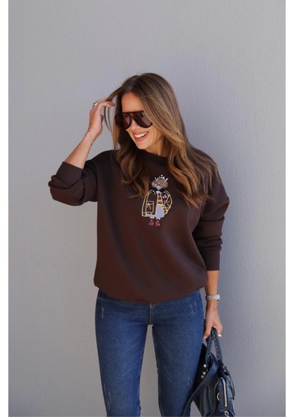 Kahverengi Taşlı Teddy Işleme Detay Sweatshirt fiyatları