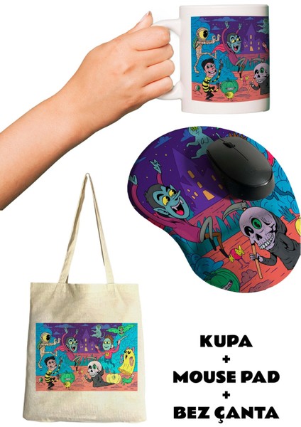 Karnaval Baskılı Bilek Destekli Mouse Pad + Kupa Bardak Mug + Bez Çanta