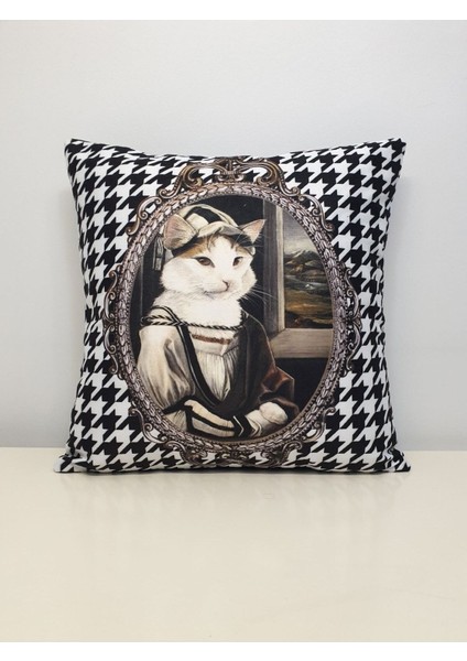 Şapkalı Kedi Kaz Ayağı Desen Kırlent Kılıfı