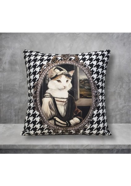 Şapkalı Kedi Kaz Ayağı Desen Kırlent Kılıfı fiyatları