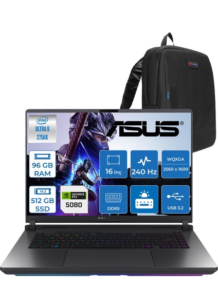Rog Strix G16 G615LW Intel® Core™ Ultra 9 Processor 275HX Aı Ddr5 96GB 512GB SSD RTX5080/16GB 175W 16INÇ 2k Wqxga 240Hz IPS Freedos Gaming Laptop S5189F41+ZETTAÇANTA
