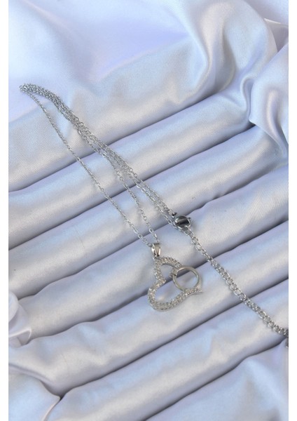 316L Çelik Zincir Gümüş Renk Zirkon Taşlı Yüzüklü Kalp Kolye - Lisinya fiyatları