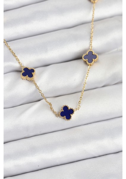 316L Çelik Zincir Gold Renk Lacivert Baby Boy Yonca Kadın Kolye - Lisinya