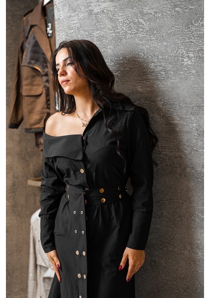 Düğme Detay Kemerli Elbise