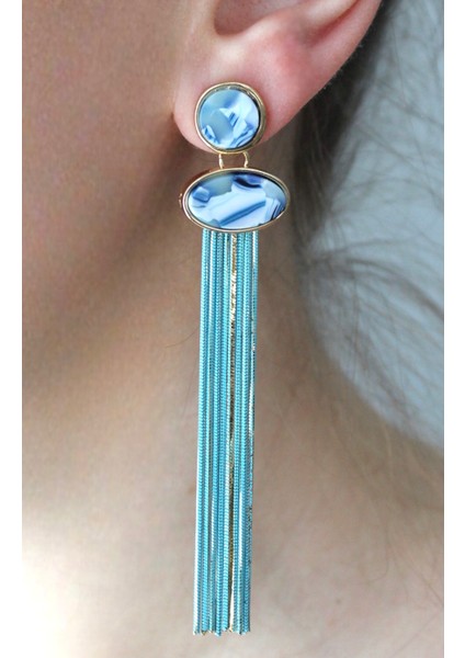 Turkuaz Zincirli Desenli Mineli Sallantılı Küpe