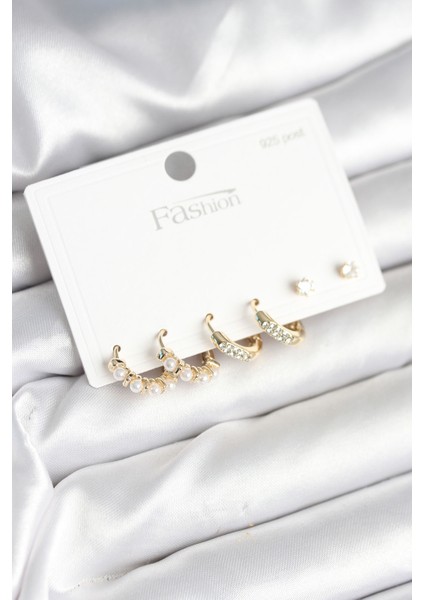 Pirinç Gold Renk Zirkon Taşlı ve Incili Model 925 Ayar Gümüş Çivi Kadın Küpe Seti - Lisinya