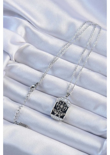 316L Çelik Zincir Gümüş Renk Işlemeli Siyah Mineli Tarot Kolye - Lisinya fiyatları