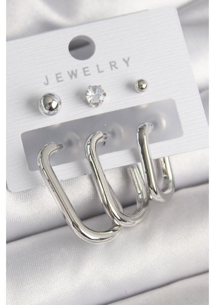 Pirinç Gümüş Renk Halka Model Zirkon Taşlı Topçuk Detay Kadın Küpe Seti - Lisinya