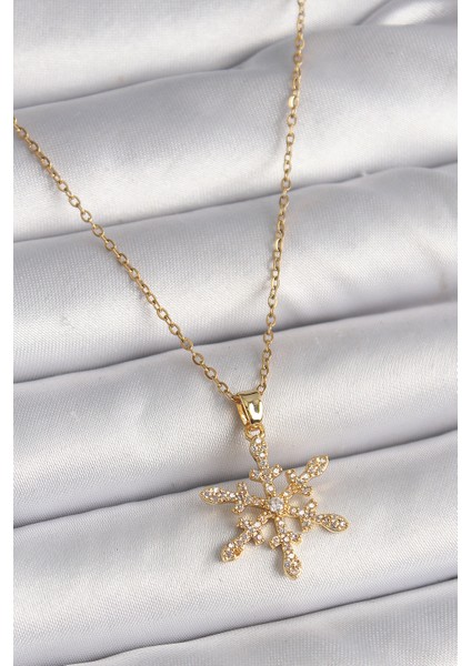 316L Çelik Gold Renk Zincir Zirkon Taşlı Kar Tanesi Model Kadın Kolye - Lisinya