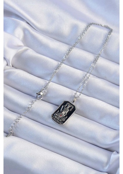 316L Çelik Zincir Gümüş Renk Siyah Mineli Tarot Kolye - Lisinya fiyatları