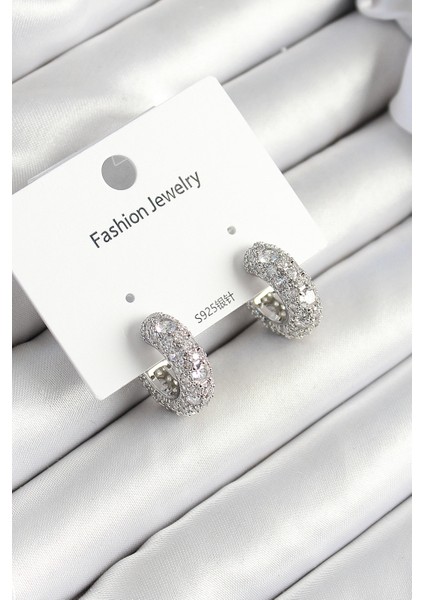 Pirinç Zirkon Taşlı Halka Model Gümüş Renk Kadın Küpe - Lisinya