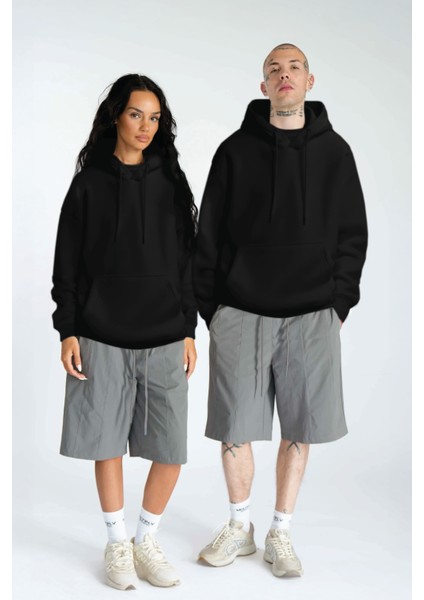 Soarte Unisex Şardonlu Kapüşonlu Kanguru Cepli Relaxed Fit Sweatshirt Siyah