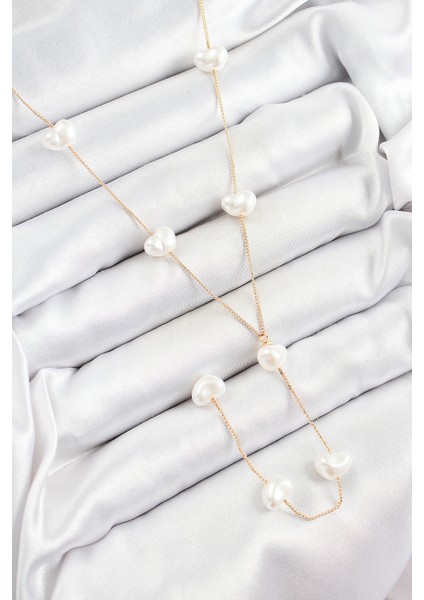 Pirinç Incili Kalp Figürlü Y Model Gold Renk Kadın Kolye - Lisinya