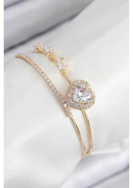 Pirinç Zirkon Taşlı Kalp Model Gold Renk Kadın Bileklik - Lisinya