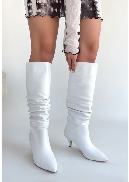 Zelya Beyaz Cilt Topuklu Çizme - Lisinya