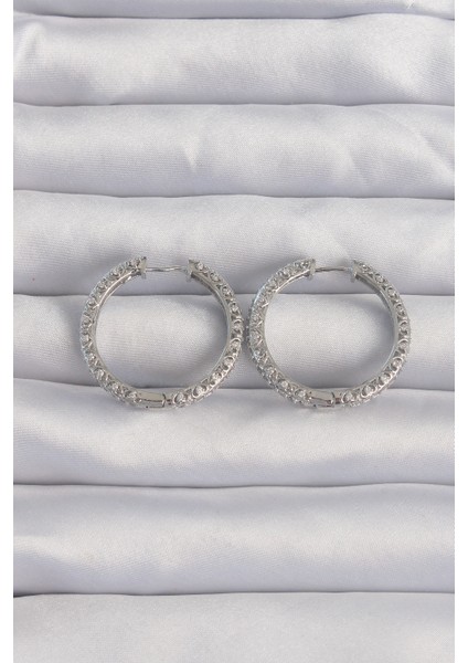 Pirinç Gümüş Renk Zirkon Taşlı Motifli Halka Küpe - Lisinya