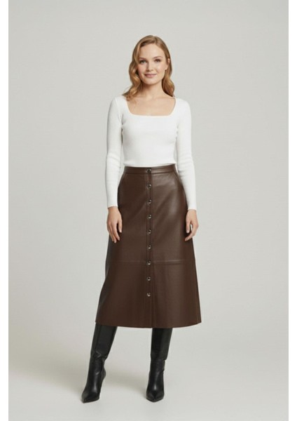Kahverengi Kadın Kloş Hakiki Deri Etek