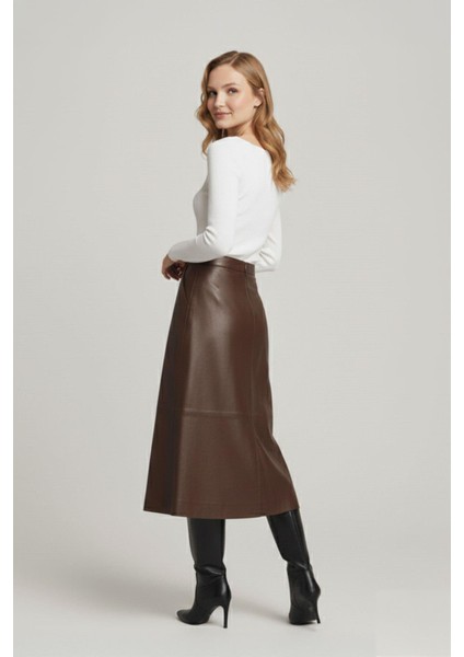 Kahverengi Kadın Kloş Hakiki Deri Etek modelleri