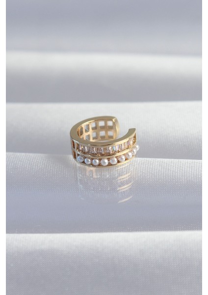 Pirinç Gold Renk Incili Baget Taşlı Earcuff Küpe - Lisinya
