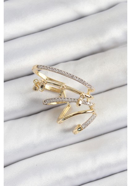 Pirinç Zirkon Taşlı Sıkıştırma Sağ Kıkırdak Gold Renk Kadın Küpe - Lisinya