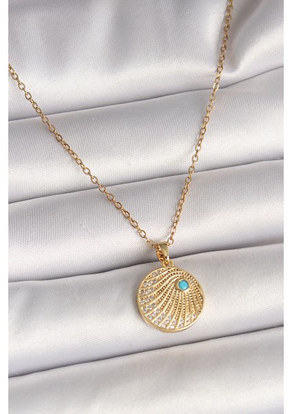 316L Çelik Gold Renk Zincir Zirkon Taş Işlemeli Mavi Taş Detaylı Madalyon Model Kadın Kolye - Lisinya