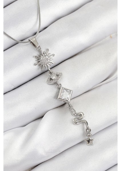 316L Çelik Zirkon Taşlı Güneş ve Ay Enerji Model Gümüş Renk Kadın Kolye - Lisinya