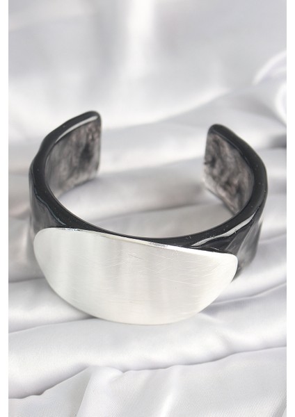 Siyah Mermer Desen Akrilik Plastik Gümüş Oval Plaka Model Vintage Kadın Bilezik - Lisinya fiyatları