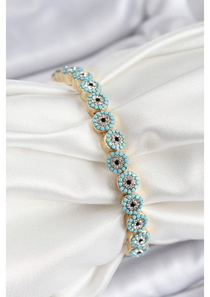 Pirinç Zirkon Taşlı Turkuaz Nazar Model Gold Renk Lastikli Kadın Bileklik - Lisinya