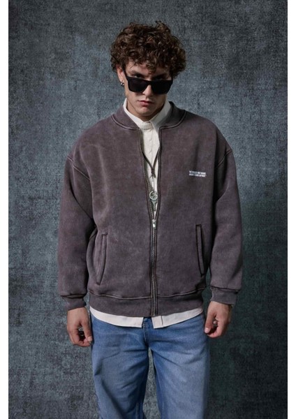 Erkek Oversize Yıkamalı Fermuarlı Sweatshirt Kahverengi