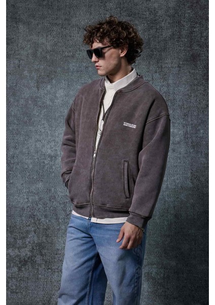 Erkek Oversize Yıkamalı Fermuarlı Sweatshirt Kahverengi modelleri