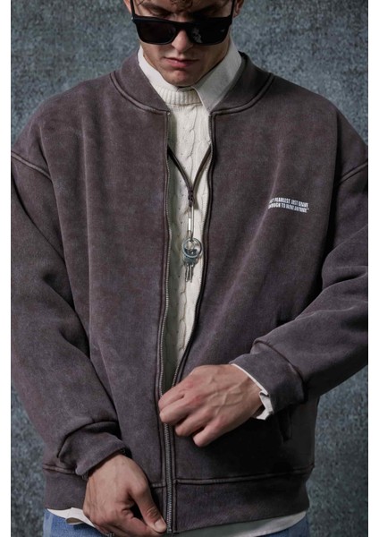 Erkek Oversize Yıkamalı Fermuarlı Sweatshirt Kahverengi