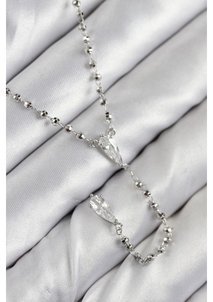 Pirinç Zirkon Taşlı Gümüş Renk Kadın Y Kolye - Lisinya