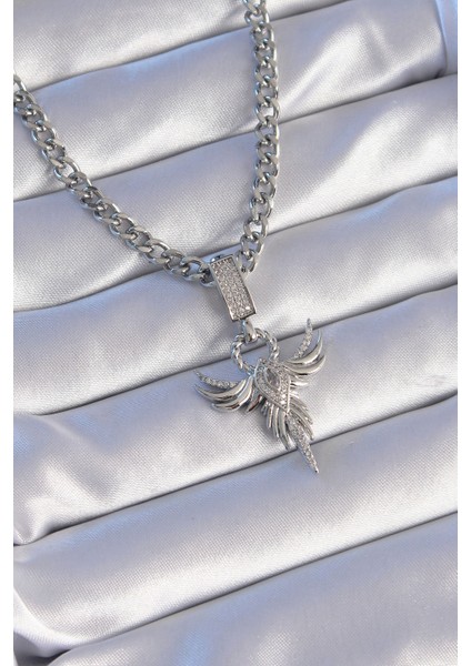 316L Çelik Gümüş Renk Zirkon Taşlı Anka Kuşu Model Kolye - Lisinya