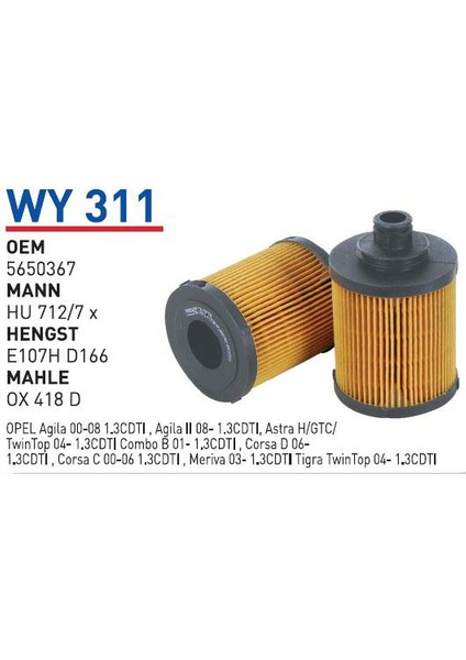 WY311 Oem 5650367 Oem 55197218 Fiat Albea Doblo 1.3 Jtd Ym Otomobil Yağ Filtre Oil Filter
