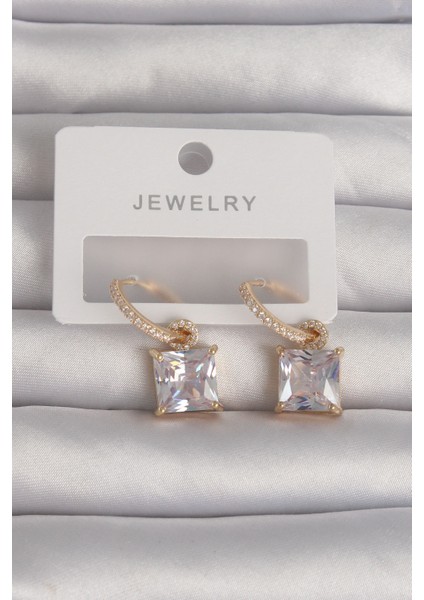 Pirinç Gold Renk Kare Zirkon Taşlı Halka Küpe - Lisinya