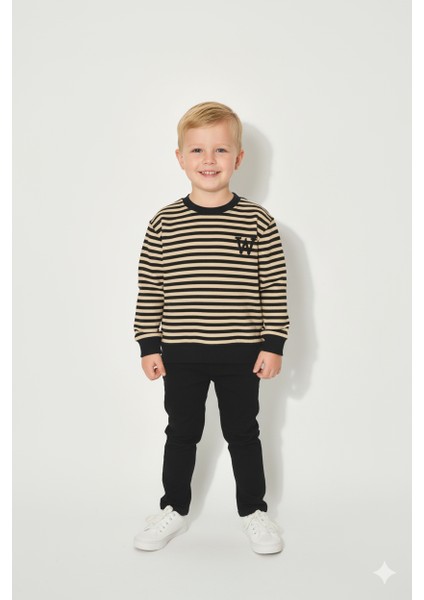 Erkek Çocuk Düşük Omuz 2-5 Yaş Çizgili Trend Premium Kalite Swetashirt - 1011