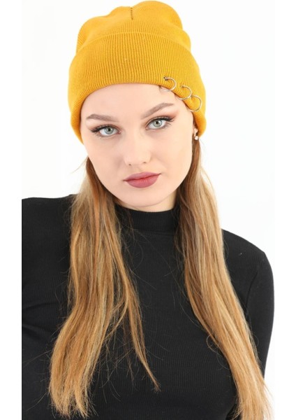 Kadın Hardal Piercingli Kışlık Bere