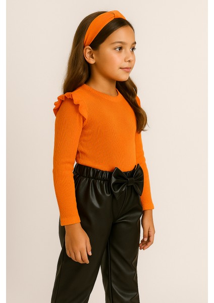 kız Çocuk, 3 Lü Set Siyah Deri Fiyonk Detaylı Pantolon, Turuncu Omuzu Fırfırlı Badi ve Saç Bandı Takımı. modelleri