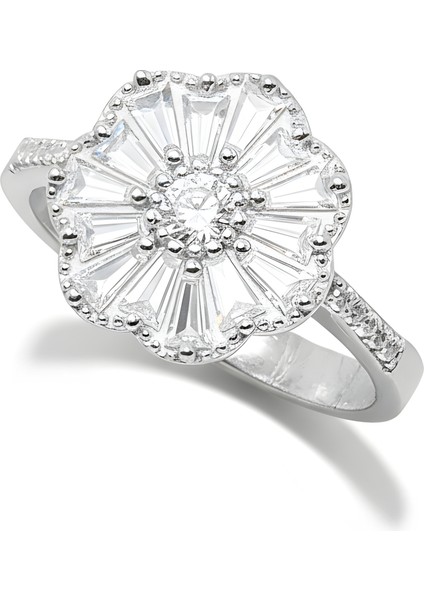 925 Ayar Gümüş Çiçek Model Baget Taşlı Kadın Yüzük | Zarif ve Işıltılı Tasarım fiyatları