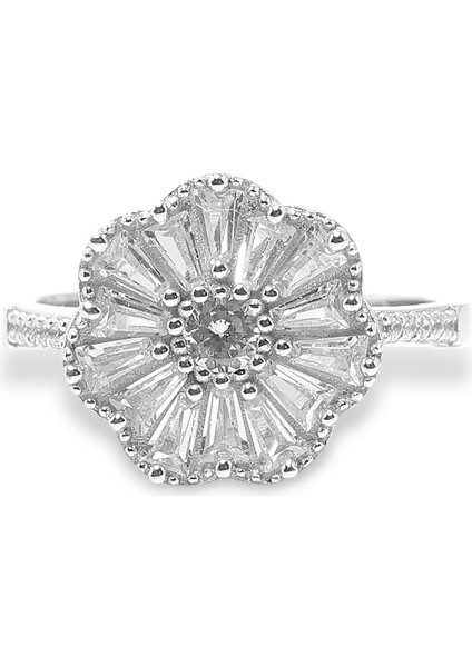 925 Ayar Gümüş Çiçek Model Baget Taşlı Kadın Yüzük | Zarif ve Işıltılı Tasarım