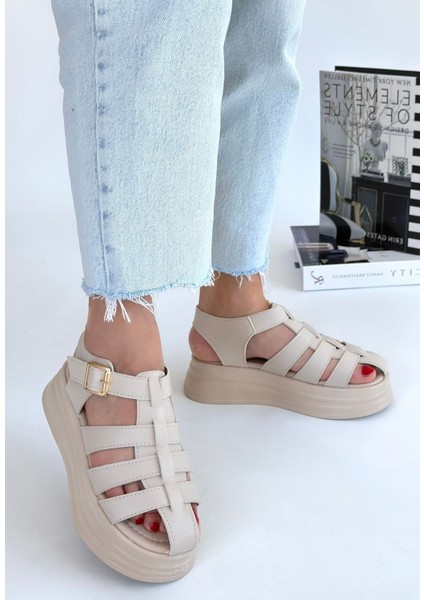 Toten Bej Cilt Kemerli Sandalet - Lisinya