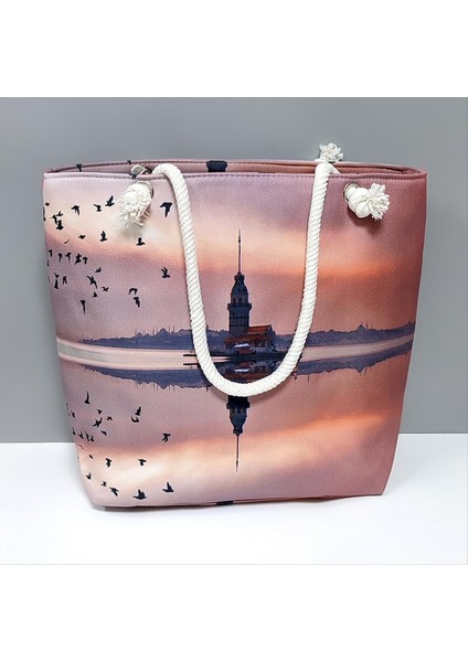 Resveq Galata Kulesi Desenli Plaj Çantası-Lila fırsatları