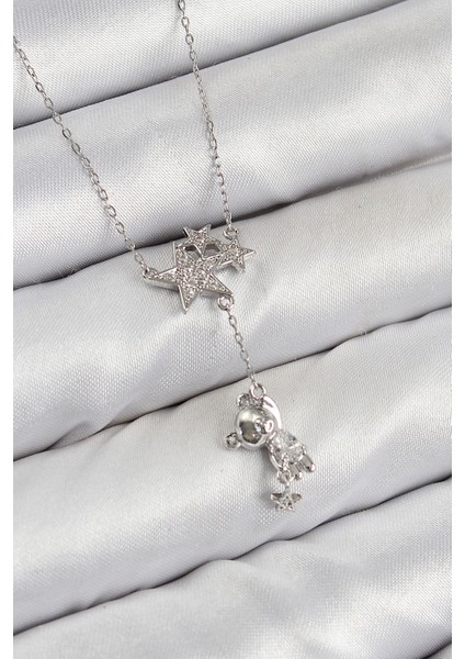 Pirinç Zirkon Taşlı Sallantılı Ayıcıklı Yıldız Model Gümüş Renk Kadın Kolye - Lisinya