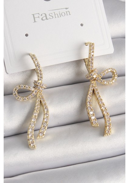 Pirinç Gold Renk Zirkon Taşlı Kurdele Model Kadın Küpe - Lisinya