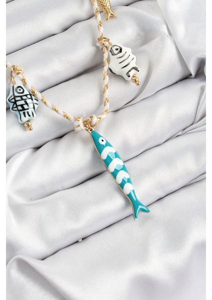 Seramik Motifli Balık Figürlü Model Krem Ip Kadın Kolye - Lisinya