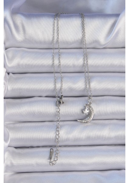 316L Çelik Zincir Gümüş Renk Zirkon Taşlı Sallantılı Ay Yıldız Kolye - Lisinya fiyatları