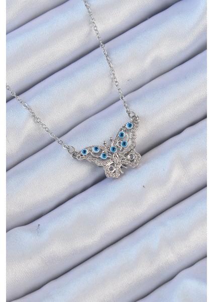 316L Çelik Zincir Gümüş Renk Zirkon Taşlı Nazarlı Kelebek Kolye - Lisinya