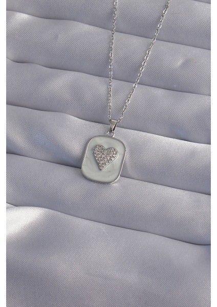316L Çelik Zincir Mermer Desenli Gümüş Renk Zirkon Taşlı Kalp Model Kolye - Lisinya