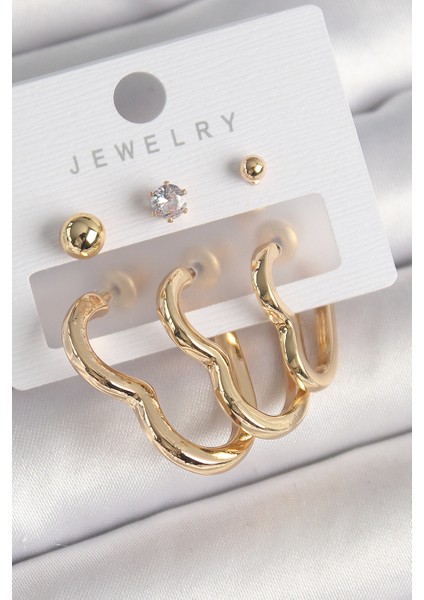 Pirinç Gold Renk Kalp Model Zirkon Taşlı Topçuk Detay Kadın Küpe Seti - Lisinya