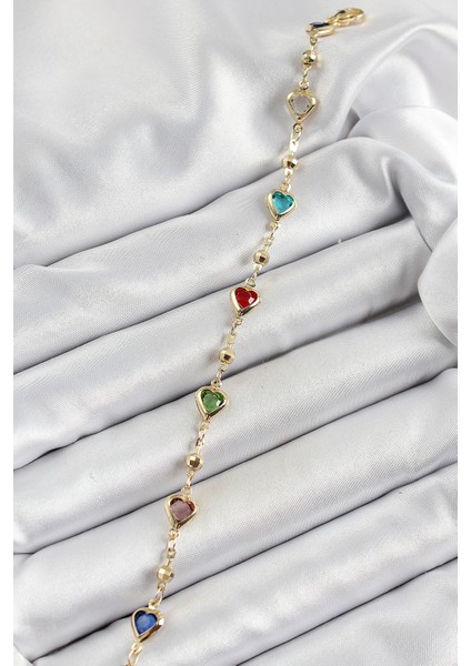 Pirinç Asorti Kalp Model Gold Renk Zirkon Taşlı Kadın Bileklik - Lisinya fiyatları